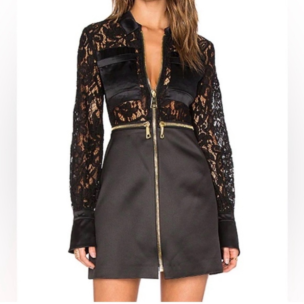 Black Lace & Satin A-Line Dress with Gold Zippers